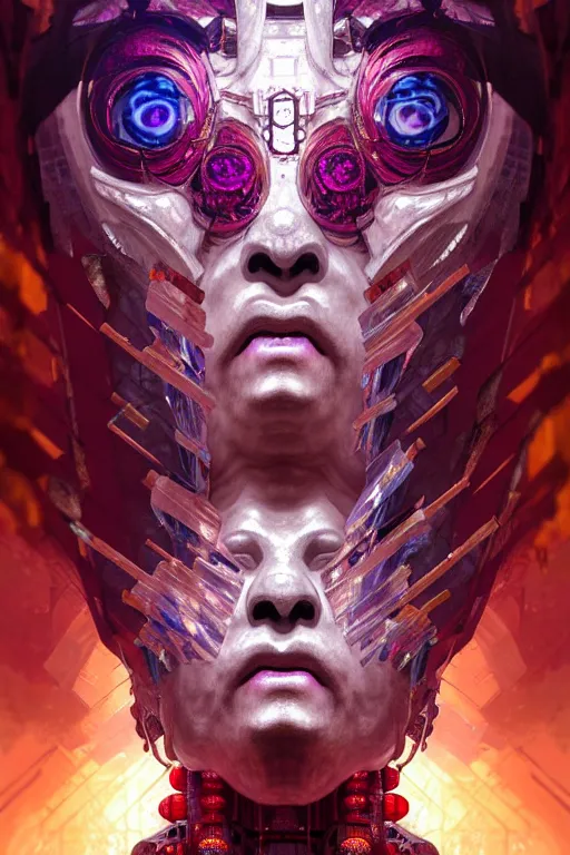 Image similar to asura from chinese myth, ghost, gorgeous and huge head ornaments, dystopian, cyberpunk, organic fractal mycelum and fungi, mecha, halfturn portrait of a big crystal face made of crystals half - turn, ominous, intricate, studio, art by anthony macbain + greg rutkowski + alphonse mucha, concept art, 4 k, sharp focus