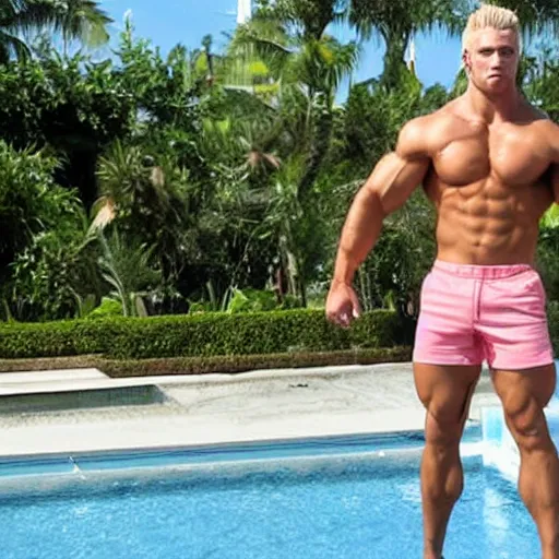 Prompt: a handsome muscular male fitness model with blonde hair, chris redfield, who is a male android, muscular, wearing a cut - off pink top and short light orange shorts, stands by a swimming pool