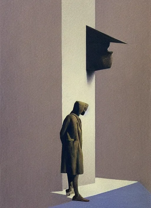 Image similar to man with a paper bag over the head and a sward Edward Hopper and James Gilleard, Zdzislaw Beksinski highly detailed