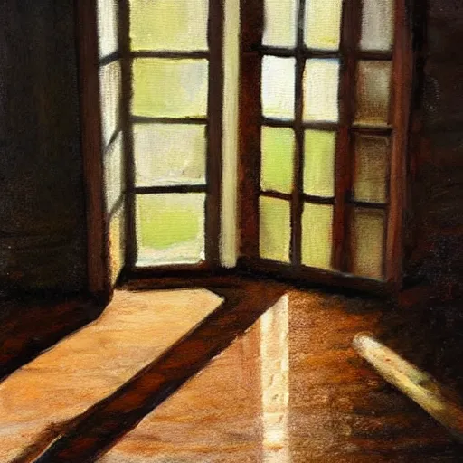 Prompt: oil painting of mostly empty cottage interior, one small window with sunlight shining onto the floor. artistic. cozy. wooden floor. rustic.