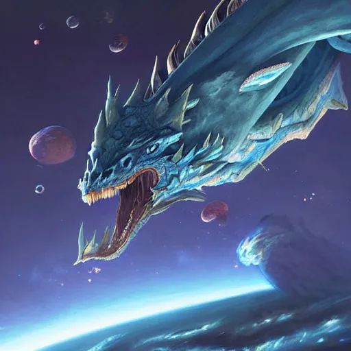 Prompt: Gigantic blue scaled dragon devouring an earth like planet while flying in space, Ancalagon, sun system, nebula, oil painting, by Fernanda Suarez and Edgar Maxence and Greg Rutkowski