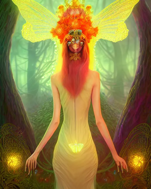 Image similar to portrait, stunningly beautiful female faerie priestess in amanita muscaria forest landscape, symmetrical wings on back, neon hair, wearing a dress of gossamer gold, inner glow, illustration, dramatic lighting, soft details, painting, art nouveau, octane render, 8 k, hd, by brom, faces by otto schmidt