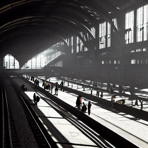 Image similar to an cavernous and expansive train terminal, sun rays coming in through windows, smoky and dusty air, people in a train station, photograph by hal morey, featured on cg society, light and space, volumetric lighting, matte drawing, global illumination