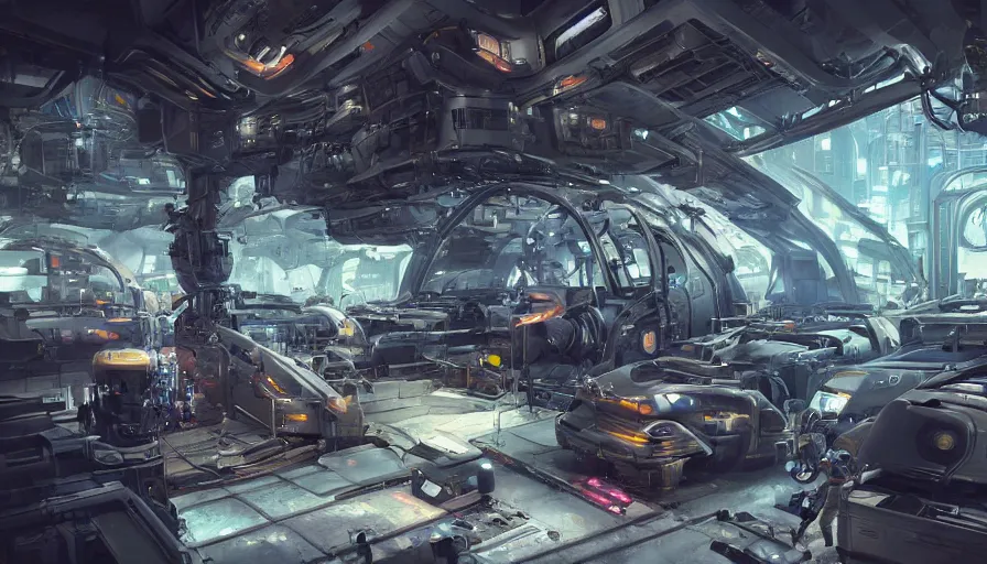 Image similar to the inside of a futuristic mechanic spaceshop coc, highly detailed interior, half - finished robot, holographic screen in center frame by peter mohrbacher, cyberpunk, cryengine render, hyper realism, realistic shading, cinematic composition, realistic render, octane render, detailed textures, photorealistic, wide shot, fanciful, colorful
