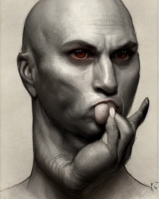 Prompt: portrait of a 4 0 - year - old bald character, male, with a white complexion, wide, cat - like scarlet eyes, nose as a snake, and a thin mouth, wearing in black clothes, hyper realistic face, beautiful eyes, fantasy art, in the style of greg rutkowski, intricate, alphonse mucha, hyper detailed, smooth