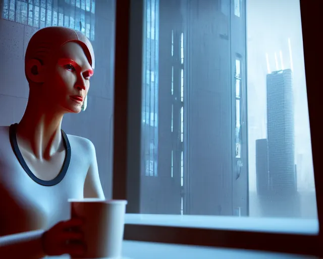 Image similar to a soft photo of a lifelike terminator cyborg lady with borg implants and optical fibers is drinking coffee near a window with dystopian city visible outside. very detailed 8 k. cyberpunk style. unreal engine render. global illumination. nanite. rtx. path tracing.