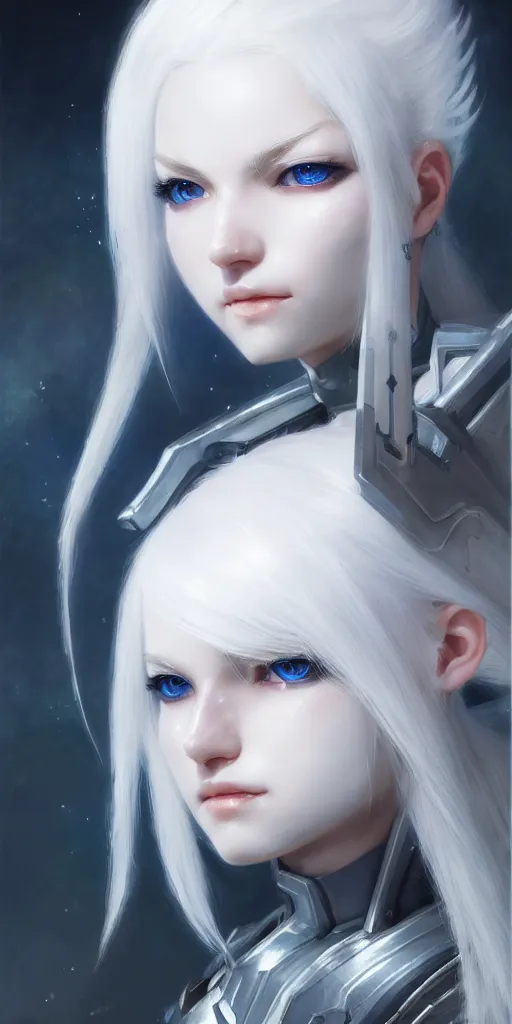 Image similar to perfect white haired girl, warframe armor, beautiful, dreamy, portrait, highly detailed, digital painting, trending on artstation, concept art, sharp focus, illustration, pretty face, blue eyes, sci - fi platform, front lit, laboratory, experiment, masterpiece, art by masayoshi tanaka, akihiko yoshida, kazuya takahashi