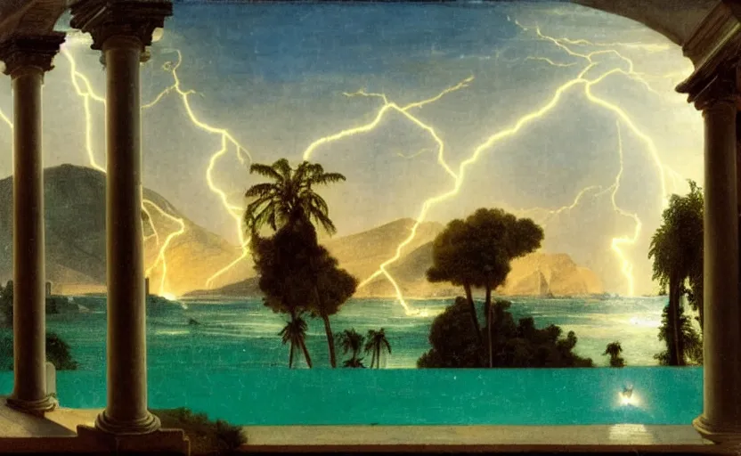 Image similar to mediterranean balustrade and columns, refracted lightnings on the ocean, thunderstorm, greek pool, beach and Tropical vegetation on the background major arcana sky and occult symbols, by paul delaroche, hyperrealistic 4k uhd, award-winning, very detailed paradise