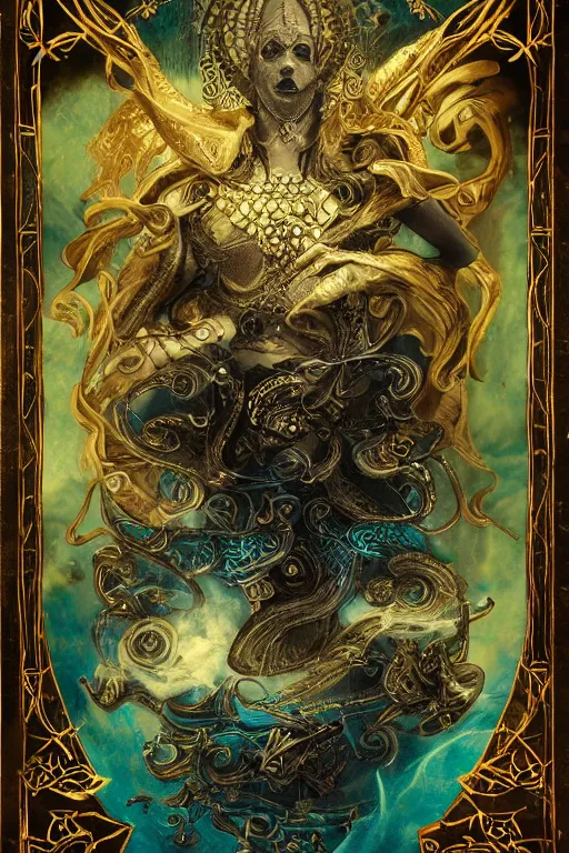 Prompt: Tarot card of the Shadow King, highly detailed portrait, gothic, high fantasy, Teal paper, Smoke swirls, ultra-detailed, ornate, elaborate, intricate metallic details, mixed media, realistic composition, point of interest at golden ratio, light from top, more darkness on bottom, high quality of sketching, highly detailed, octane render, 8k,