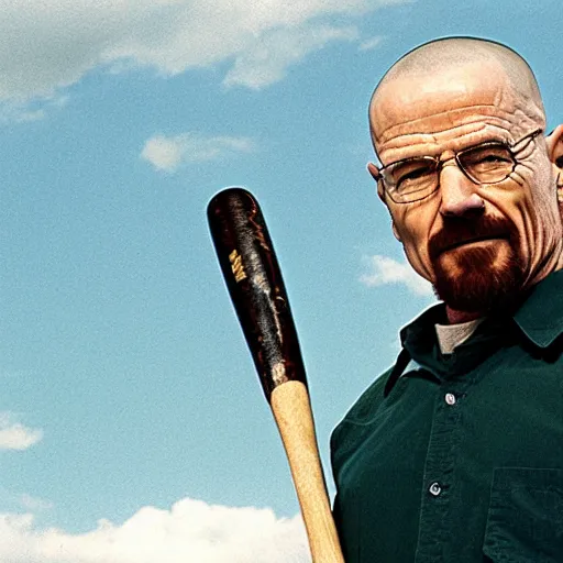 Prompt: Breaking Bad Walter White smiling while holding a baseball bat