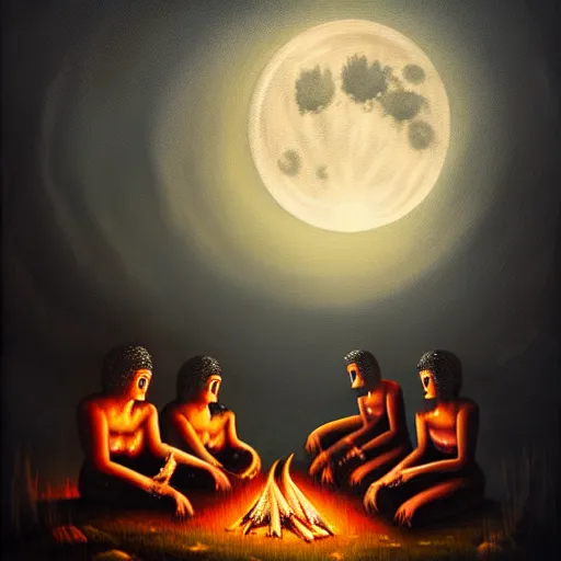 Image similar to strange mythical beasts of sitting around a fire under a full moon, surreal dark uncanny painting by ronny khalil