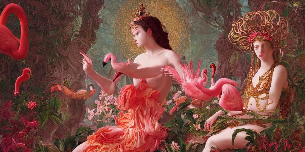 Image similar to breathtaking detailed concept art painting of the goddess of flamingo, orthodox saint, with anxious, piercing eyes, ornate background, amalgamation of leaves and flowers rafflesia arnoldii, by Hsiao-Ron Cheng and John James Audubon, extremely moody lighting, 8K