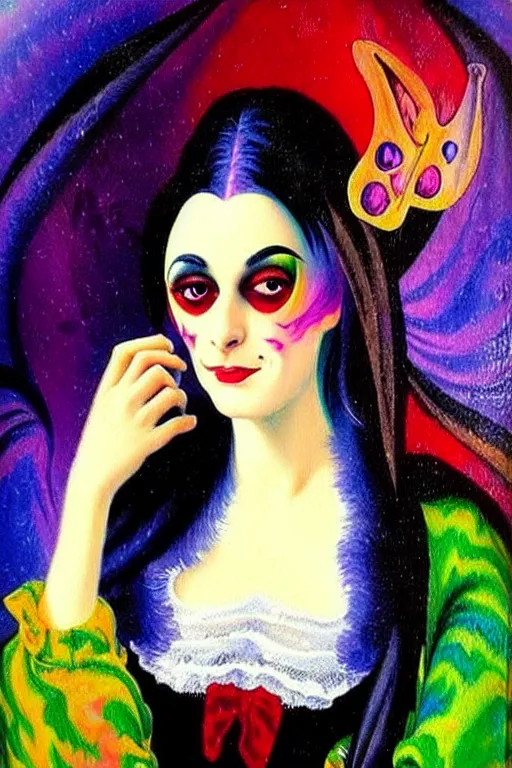 Image similar to impressionist brushstrokes!!!! lisa frank and bosch victorian loose genre loose painting full length portrait painting of a victorian vampire