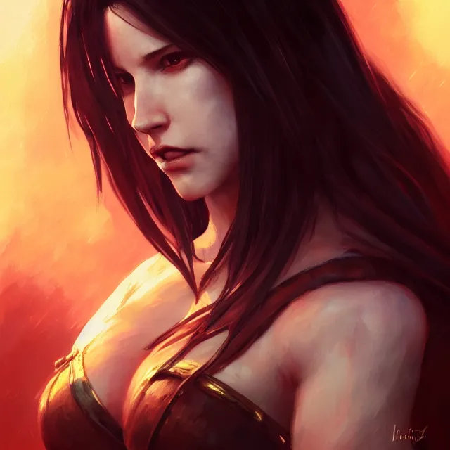 Image similar to majestic gracious seductive tifa lockhart portrait, atmospheric lighting, painted, menacing, intricate, volumetric lighting, beautiful, rich deep colours masterpiece, golden hour, sharp focus, ultra detailed, by leesha hannigan, ross tran, thierry doizon, kai carpenter, ignacio fernandez rios