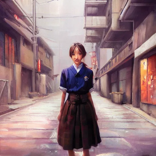 Image similar to a perfect, realistic professional oil painting of a Japanese schoolgirl posing in a dystopian alleyway, style of Marvel, full length, fine details, by a professional American senior artist on ArtStation, a high-quality hollywood-style concept