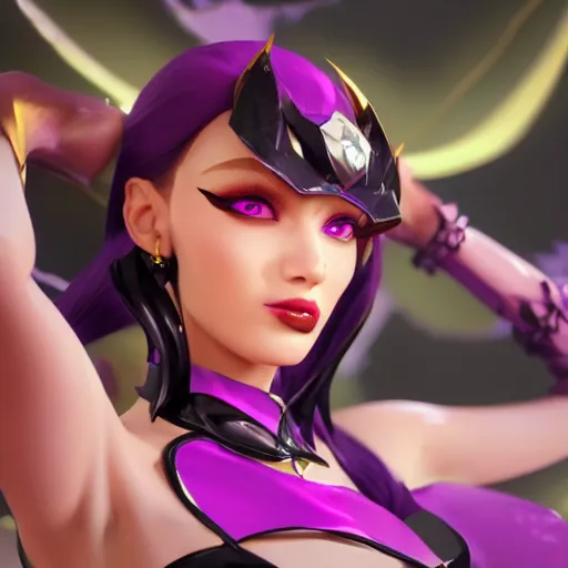 Image similar to still of pretty Morgana (League of Legends) in KDA More music video. 3d render, octane render, game art, realistic, highly detailed, trending on artstation, 4k, trending on artstation, pixar, cgsociety, unreal engine 5, redshift render, trending on artstation, blender, behance, cg