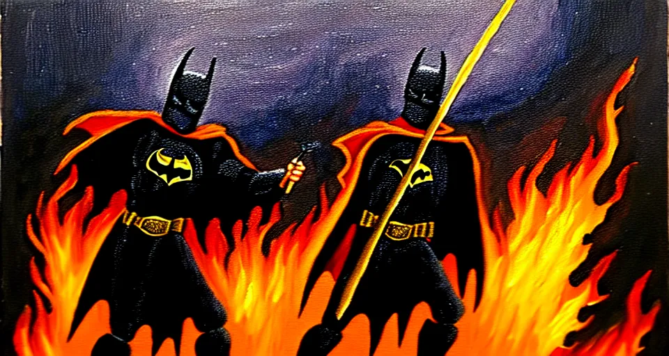 Image similar to An oil painting of a dark knight wielding a flaming sword