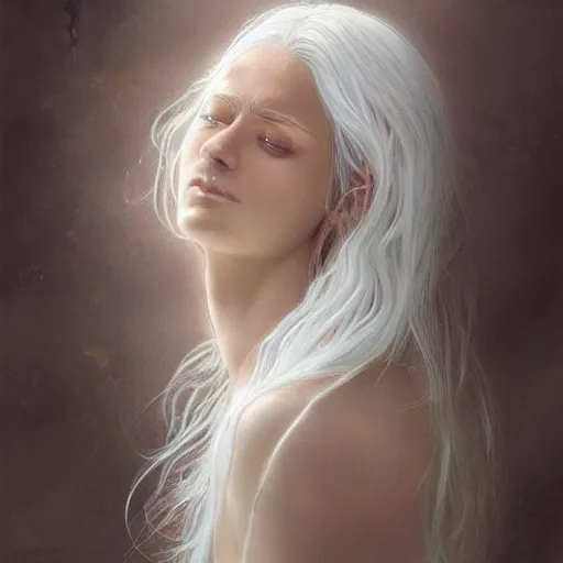 Prompt: goddess with two faces, one face sad, one face happy, long hair, white hair, ethereal, intricate, elegant, georgeus, highly detailed, sharp focus, digital painting, by artgerm and greg rutkowski and alphonse mucha
