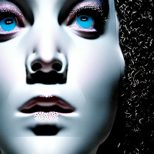 Image similar to close up detail of the face of jennifer lawrence as the bride of frankenstein, macro photography, glowing retinas, vaporwave