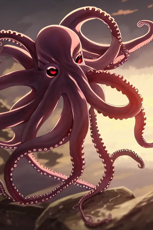 Image similar to key anime visuals of an octopus ninja, fighting with a katana sword in his tentacle. highly detailed, intricate, directed by makoto shinkai, anime manga style, trending on art station.