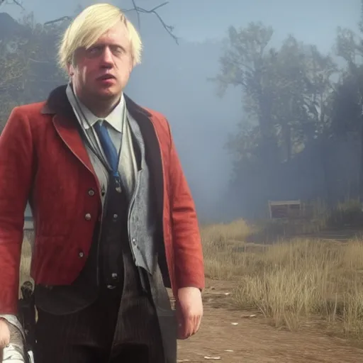 Prompt: Film still of Boris Johnson, from Red Dead Redemption 2 (2018 video game)
