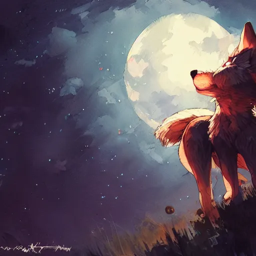 Image similar to concept art of anthropomorphized wolf night sky themed, highly detailed painting by dustin nguyen, akihiko yoshida, greg tocchini, 4 k, trending on artstation, 8 k