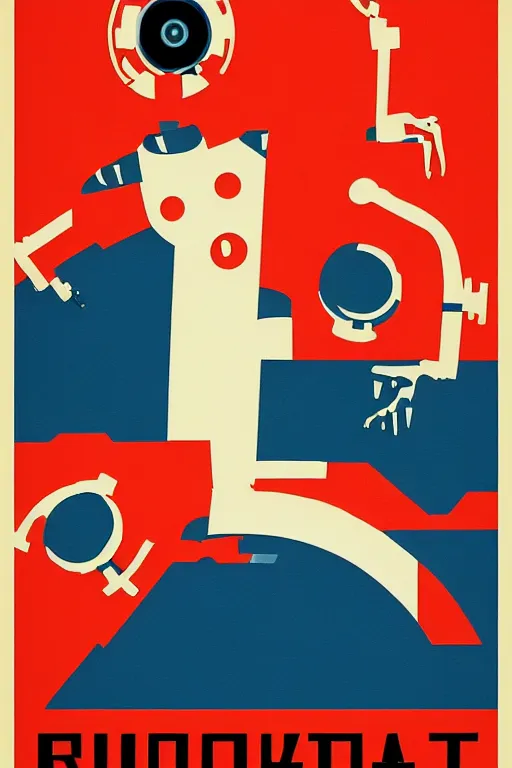 Image similar to sovietwave propaganda poster about the dangers of robots, minimalist, silkscreen, graphic design, russian text