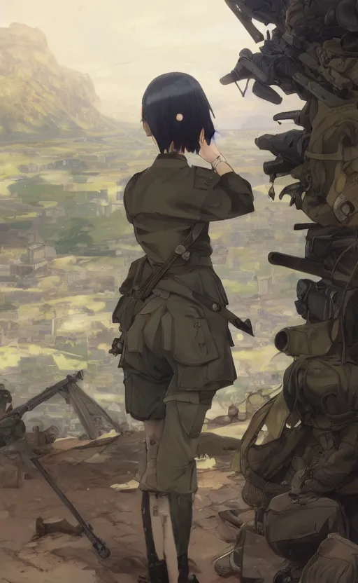 Image similar to panoramic view, girl, soldier clothing, battlefield in background, anime style, short hair, hair down, symmetrical facial features, from arknights, hyper realistic, 4 k, rule of thirds, extreme detail, detailed drawing, safebooru, hd, d & d, realistic lighting, by alphonse mucha, greg rutkowski, sharp focus, backlit