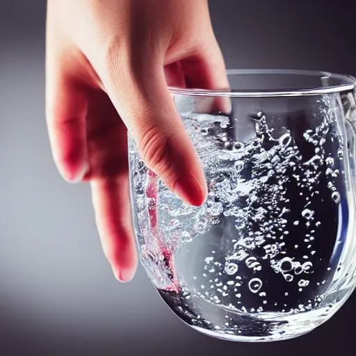 Prompt: close - up of a teenage girl hand holds a glass of fresh water in a modern kitchen, close - up, depth field, vivid colors, advertising photography, 8 k, by nadav kander