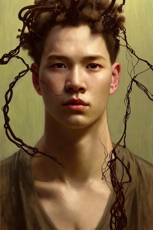 Image similar to hyperrealist portrait of elijah zu bailey, it is decorated with long wires that fall like vines and wears small computers over their body. by jeremy mann and alphonse mucha, fantasy art, photo realistic, dynamic lighting, artstation, poster, volumetric lighting, very detailed faces, 4 k, award winning