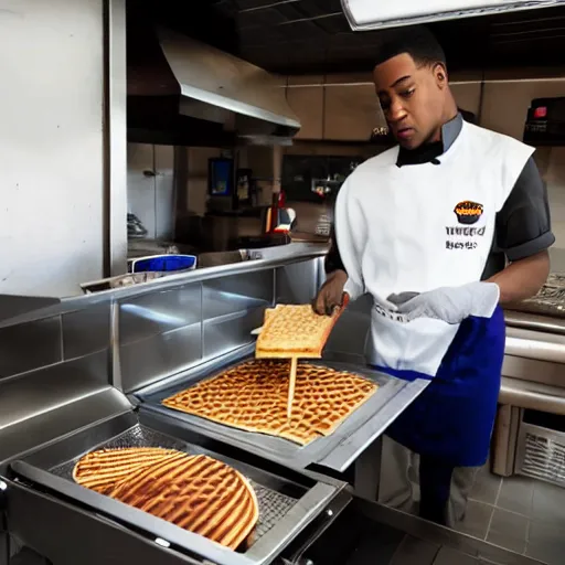 Prompt: wafflehouse restaurant employee inside a Wafflehouse cooking food on a Wafflehouse flat top grill