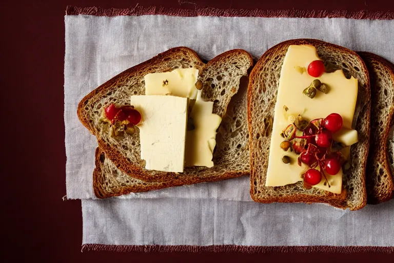 Image similar to 7 0 s food photography of an opulent spread of cheese on toast, on a velvet table cloth, dramatic diffused lighting