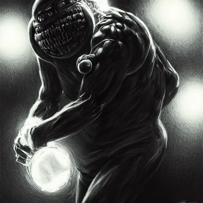 Image similar to cinematic portrait of a tennis ball monster in the abyss of space, chalk, masterpiece, trending on artstation, featured on pixiv, cinematic composition, dramatic pose, beautiful lighting, sharp details, hyper-detailed, HD, HDR, 4K, 8K, art by Basil Gogos