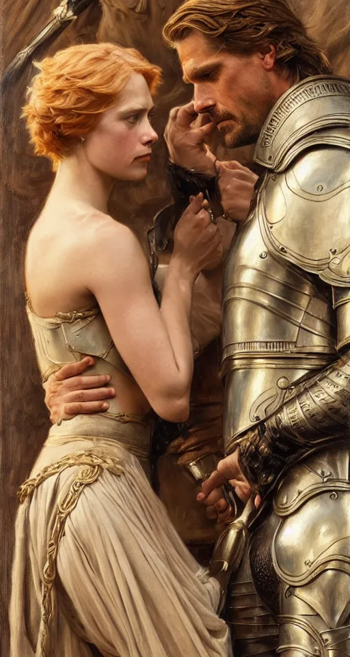 Prompt: attractive fully clothed jaime lannister confesses his love for attractive fully armored brienne of tarth. highly detailed painting by gaston bussiere and j. c. leyendecker 8 k