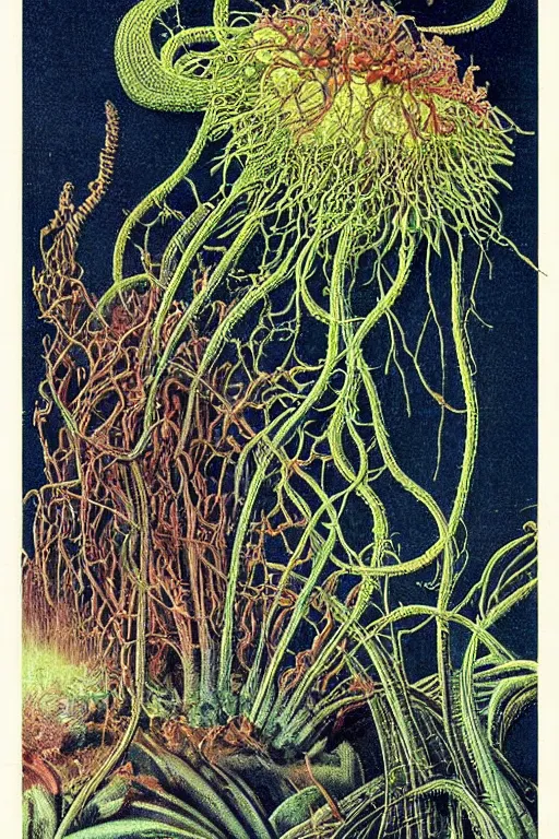 Prompt: vintage magazine advertisement depicting a nerve plant on an old crt television, by marius lewandowski, by ernst haeckel