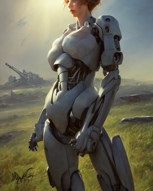 Image similar to daniel gerhartz and artgerm portrait digital rococo painting of a beautiful serious woman wearing a mecha suit, war torn battlefield in the background, glinting sunlight, unreal engine, hyper realism, realistic shading, cinematic composition, blender render, octane render, hdr, detailed textures, photorealistic, wide portrait shot, 3 5 mm film