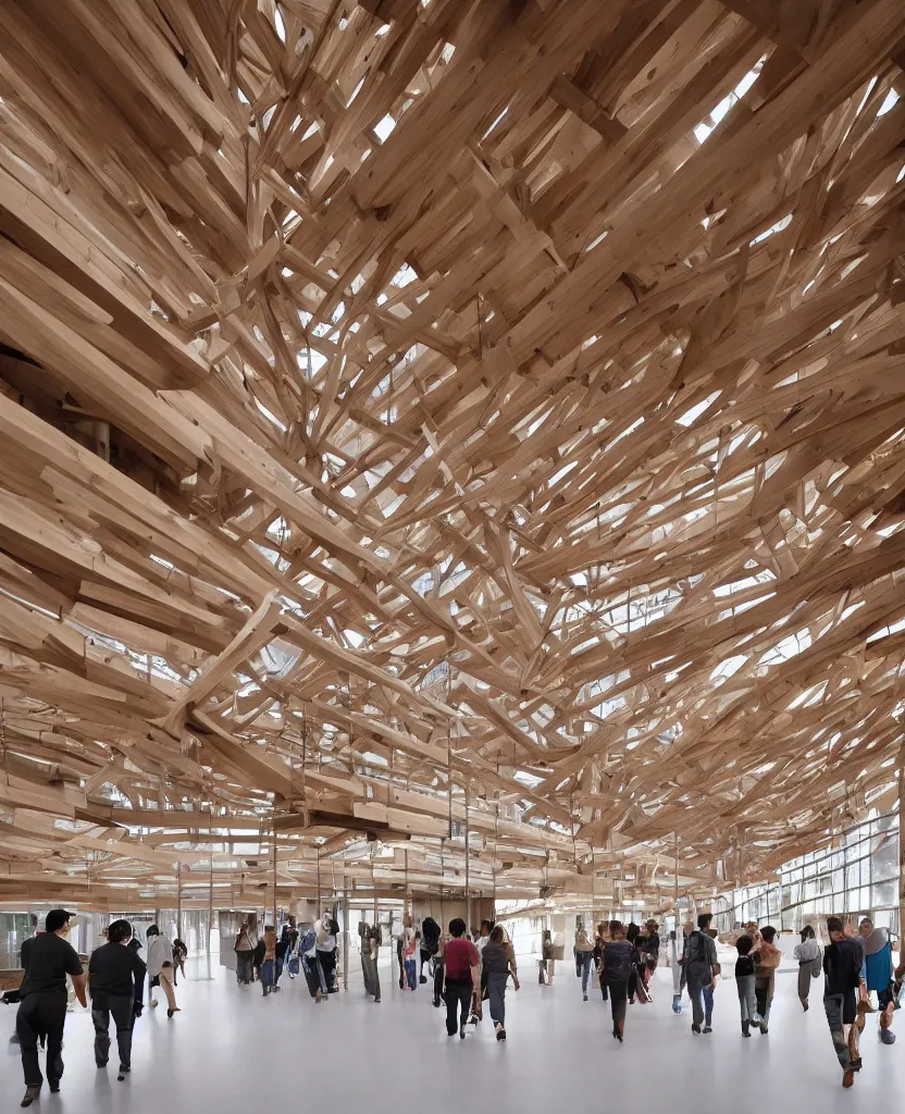 Image similar to a complex building interior, large wood joinery, people walking