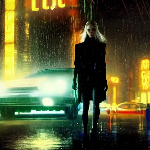 Prompt: silhouette of Elle Fanning in a black cyberpunk car, stormy weather, extremely detailed masterpiece, oil on canvas, low-key neon lighting, artstation, Blade Runner 2049, Roger Deakin’s cinematography, by J. C. Leyendecker and Peter Paul Rubens,