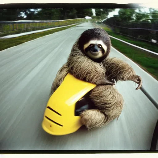 Prompt: photo of a sloth in a go kart on a race track, sloth is holding a banana, polaroid 6 0 0 film