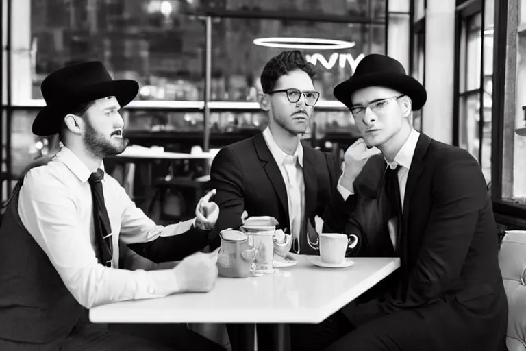 Image similar to still photo of new york men wearing suit and hat at a cafe, black and white color aesthetic, highly detailed, photorealistic portrait, bright studio setting, studio lighting, crisp quality and light reflections, unreal engine 5 quality render