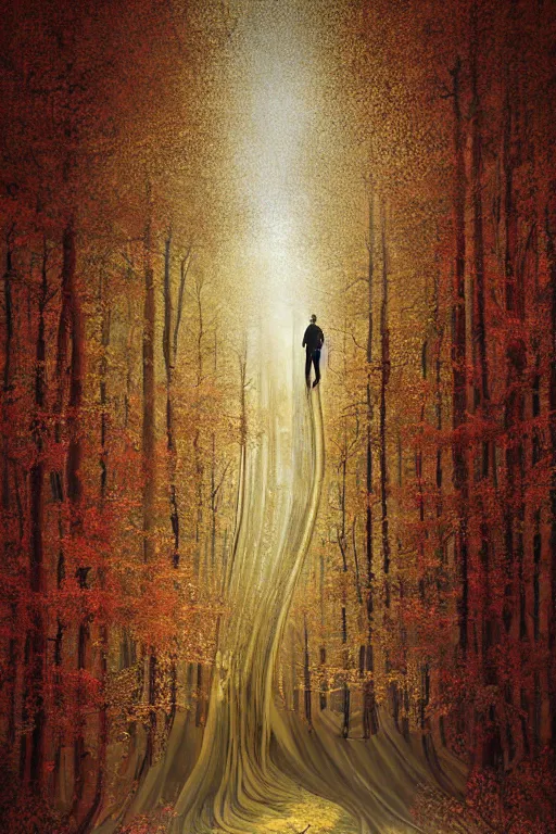 Image similar to immaculate painting of A Beautiful fine detailed gold and red and black Forest Illusion by erik johansson micro detailing