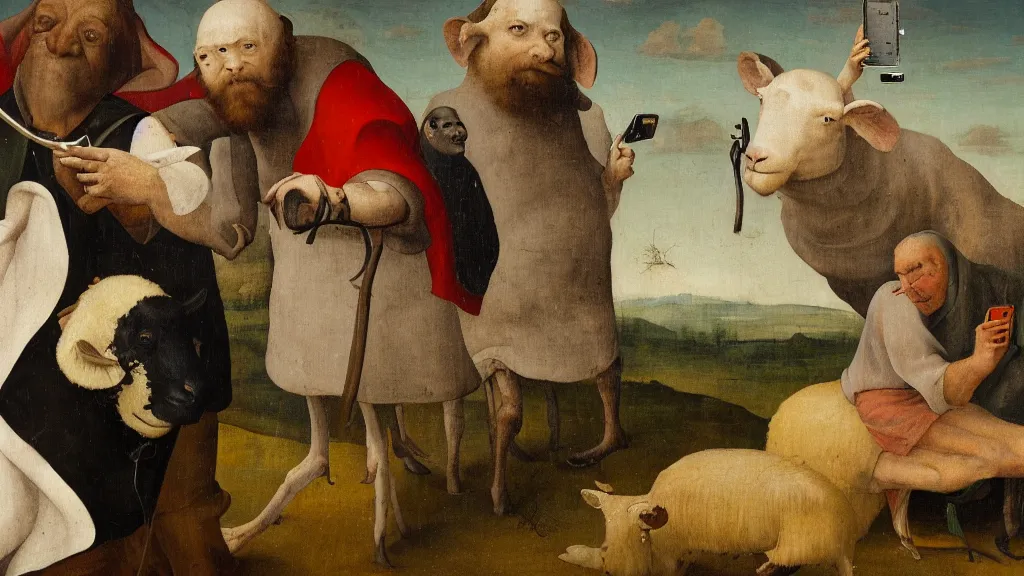 Image similar to A butcher and sheep taking a selfie smiling, in the fashion of Hieronymus Bosch, oil on canvas, painting, 4k, wide shot