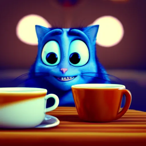 Prompt: a cute cat with big eyes looking at a cup of coffee at night full of stars. Pixar Disney 4K 3d render funny animation movie Oscar winning trending on ArtStation and Behance. Ratatouille style.