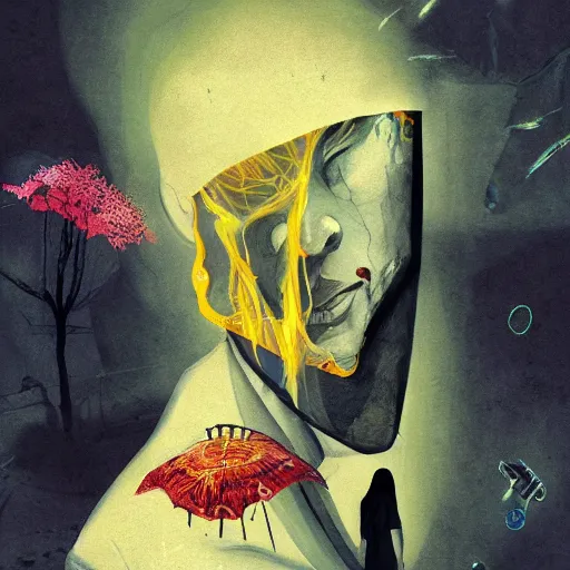 Prompt: In Tokyo I'm known as the Sentient Dreamer, by Dave McKean, high quality, 8k, trending on Artstation, beautiful, surreal