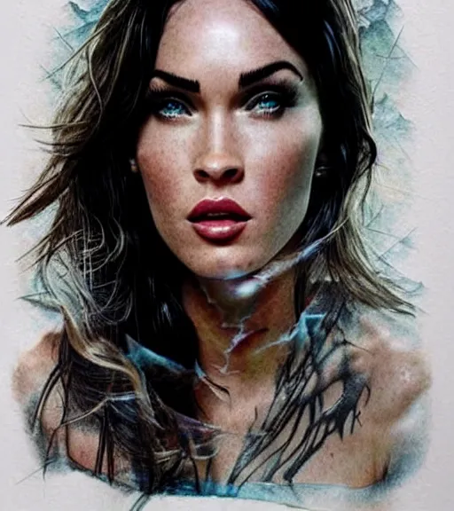 Prompt: megan fox face double exposure with beautiful mountains, tattoo sketch, hyper - realistic, in the style of matteo pasqualin, amazing detail, sharp, faded