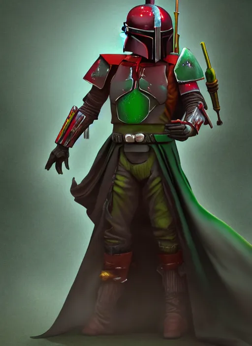 Image similar to arcane wizard x boba fett, fantasy inspired boba fett as a wizard in a scenic environment, 3 d digital art, character mashup, epic volumetric lighting, combination art, photorealistic, sharp focus, aesthetic, inspired by studio ghibli