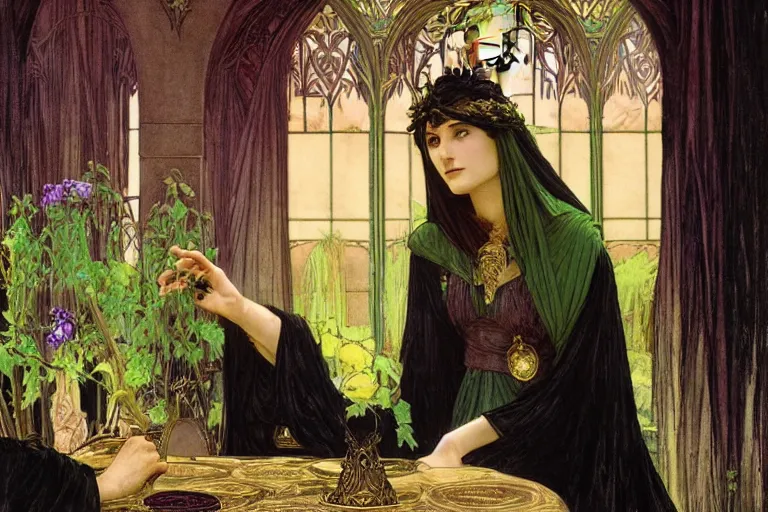 Prompt: a beautiful sorceress wearing a black robe with gold embroidery, sitting at table, casting a spell, green glows, painted by john williams waterhouse and alphonse mucha, in the style of magic the gathering, highly detailed digital art