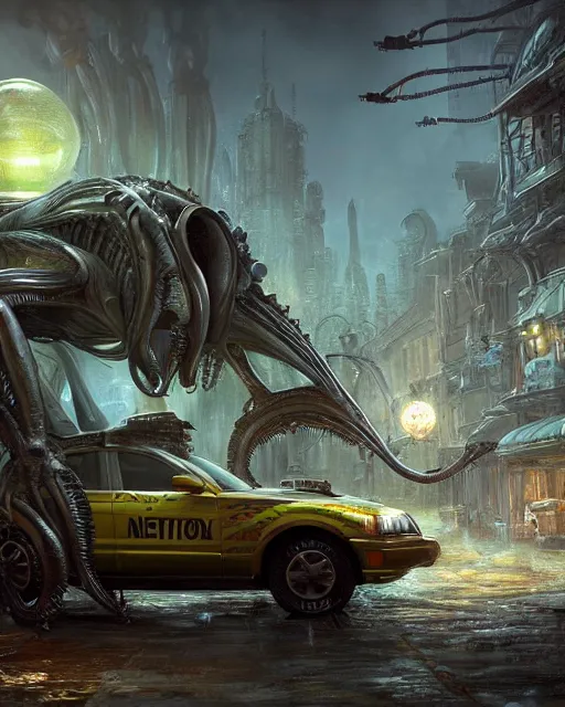 Image similar to xenomorph taxi car in a fantasy village, calming, uplifting mood, ultra realistic, farm, funny, small buildings, highly detailed, epic lighting, illuminated, cinematic, morning, art by eddie mendoza