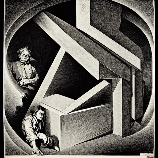 Prompt: lithography on paper secret lair conceptual figurative post - morden monumental dynamic portrait by goya and escher and hogarth, illusion surreal art, highly conceptual figurative art, intricate detailed illustration, controversial poster art, polish poster art, geometrical drawings, no blur