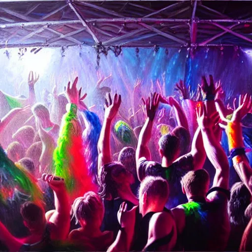 Image similar to the messiest rave you've ever been to, hyper detailed photorealistic oil painting of a large group of people dancing at a rave